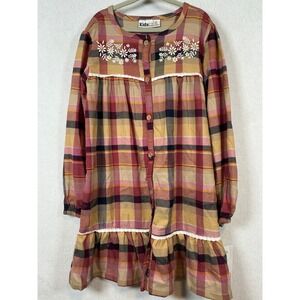 Kids Headquarters Plaid Embroidered Button Front Dress 6X Long Sleeve Ruffle NWT